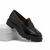 A single black leather penny loafer with a chunky lug sole, displayed on a white box against a white background.