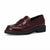 A single dark burgundy leather penny loafer with a black block heel and sole, shown from a three-quarters angle on a white background.