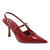 Red high-heeled shoe with a slingback strap on a white background