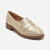 A single metallic gold penny loafer shoe with a brown stacked heel, shown from a three-quarters angle on a light gray background.