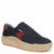 A low-top sneaker in navy blue suede with a burgundy red side panel and heel tab, navy laces, and a thick beige gum sole, shown on a plain white background.