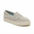A light gray suede penny loafer slip-on shoe with a thick cream-colored rubber sole, shown from a three-quarters angle on a white background.