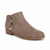 A taupe brown perforated suede ankle boot with a side zipper, a decorative bow, and a low block heel, shown on a white background.