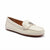 An off-white pebbled leather driving loafer with a silver-tone metal 'DR' logo on the strap, shown against a plain white background.