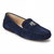 A navy blue suede loafer with a silver-tone metal 'RL' logo on the strap, displayed on a clean white background.