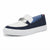 A navy blue and white slip-on loafer with a silver-tone metal 'H' buckle on the strap, set against a plain white background.