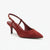 A single red suede slingback pump with a pointed toe and a slim high heel, shown from a side profile on a clean white background.