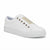 A white leather low-top sneaker with gold metallic eyelets and a gold striped lace detail, shown from a three-quarters angle on a white background.