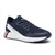 A navy blue Tommy Hilfiger athletic sneaker with a white midsole and signature red, white, and blue logo stripes on the heel, shown against a plain white background.