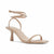 A single nude beige patent leather high-heeled sandal with a square toe, slim toe strap, and a wrap-around ankle strap with a small gold buckle, shown on a plain white background.