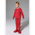 A young boy modeling a red two-piece pajama set with a gold pattern, standing against a neutral gray studio background.