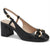 A black leather slingback pump with a chunky block heel and a decorative gold-tone chain detail on the toe, shown against a plain white background.