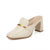 A single women's mule heel shoe in cream-colored faux leather with a gold metallic accent band across the instep and a block heel, shown on a plain white background.
