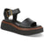 A black leather platform sandal with a wide toe strap, an ankle strap with a gold buckle, and a chunky black platform sole with a brown midlayer, shown on a white background.