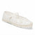 A single white espadrille-style flat shoe with floral cutout detailing, a Mary Jane strap, and a braided jute-wrapped sole, shown on a clean white background.