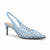 A light blue woven slingback high-heeled shoe with a pointed toe and cutout pattern, shown from a side profile on a white background.