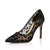 A black pointed-toe stiletto pump with a sheer leopard-print overlay, shown from a side profile on a white background with a soft reflection.