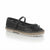 A single black leather espadrille-style shoe with floral cutout detailing, a Mary Jane strap, and a braided jute midsole on a white background.