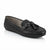 A black leather loafer with a decorative strap and tassel detail, shown from a three-quarters angle on a white background.