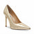 A metallic gold pointed-toe high heel pump with a textured finish, shown from a three-quarters angle on a white background.