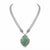 A silver-toned chain necklace featuring a large oval green stone pendant with ornate silver detailing around the bezel, shown against a plain white background.
