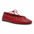 A red leather flat shoe with red laces threaded through silver-tone eyelets, shown from a three-quarters angle on a white background.
