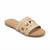 A single women's slide sandal in a light beige woven material with circular cutout details, shown on a plain white background.