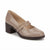 A single women's Mary Jane pump shoe in a glossy taupe patent leather, featuring a dark brown block heel and sole, double straps with gold-tone buckles, and a beige interior lining, shown against a plain white background.