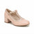 A single light pink Mary Jane block heel shoe with a patent finish, featuring an iridescent glittery strap and a gold buckle, shown on a white background.