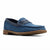 A single blue suede penny loafer shoe with a brown stacked sole, shown from a three-quarters angle on a white background.