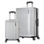 Two silver suitcases of different sizes on a white background