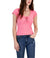 Woman wearing a pink lace-up top and blue jeans on a white background