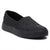 A single black slip-on platform shoe with a textured fabric upper and a thick black sole, shown from a three-quarters angle on a white background.