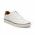 A white leather low-top sneaker with white laces, a brown heel tab, and a brown stripe along the sole, shown on a white background.