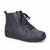A navy blue lace-up ankle boot with a side zipper, silver metal eyelets, and a black wedge sole, shown against a plain white background.