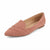 A dusty rose pink flat shoe with a pointed toe and criss-cross woven straps across the vamp, shown from a three-quarters angle on a white background.