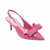 A single pink patent leather slingback pump with a pointed toe and a large bow on the vamp, shown against a plain white background.