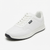 A white low-top athletic sneaker by BOOS, featuring a textured mesh upper, white laces, a white midsole with a black wavy accent, and a black outsole.