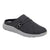A dark gray slip-on clog shoe with a textured gray sole, featuring a strap across the top with a silver metal ring detail.
