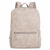 A light beige faux-leather backpack with a front zippered pocket and silver zipper pulls, shown against a plain white background.