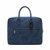 A navy blue textured faux-leather briefcase with dual top handles, a front zippered pocket, and a hanging black brand tag reading 'ADNA'.