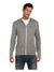 Man wearing a gray zip-up hoodie on a white background