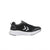 A black athletic sneaker with a white midsole and a white chevron logo on the side, shown in profile against a plain white background.