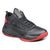 A black athletic sneaker with red accents on the sole and heel, featuring a lace-up front and a sporty design, shown against a plain white background.