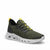 A single athletic sneaker shown from a three-quarters angle on a white background. The shoe features an olive green mesh upper, black laces, a black heel counter, and bright yellow accents on the tongue label and heel pull tabs.