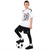 A child model wearing a white soccer jersey with a black number 23, black athletic shorts, black soccer cleats, and white socks, standing on a black and white soccer ball against a white background.