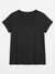 Black t-shirt with a small logo on a white background