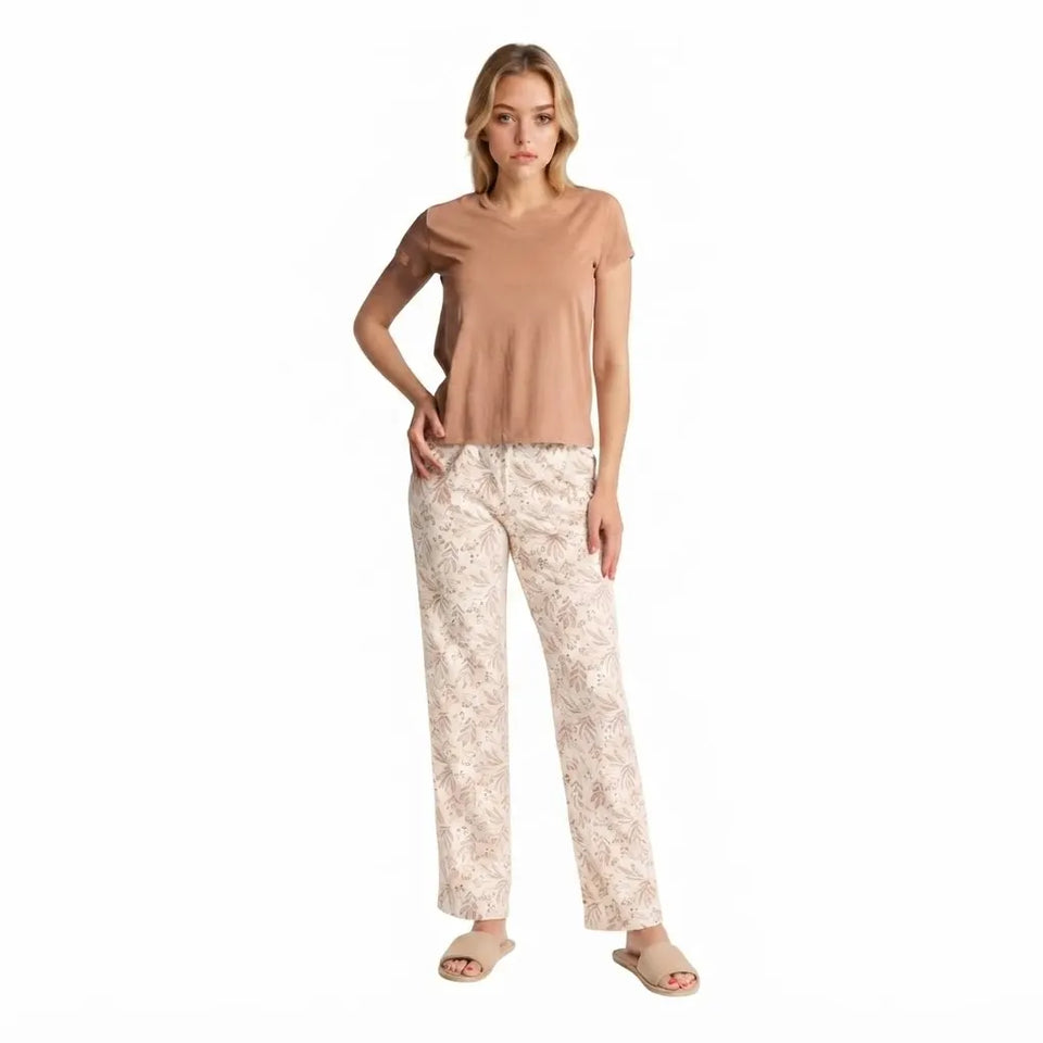 Sinsay Women's Tan & Cream Leaf Printed Pajama Set