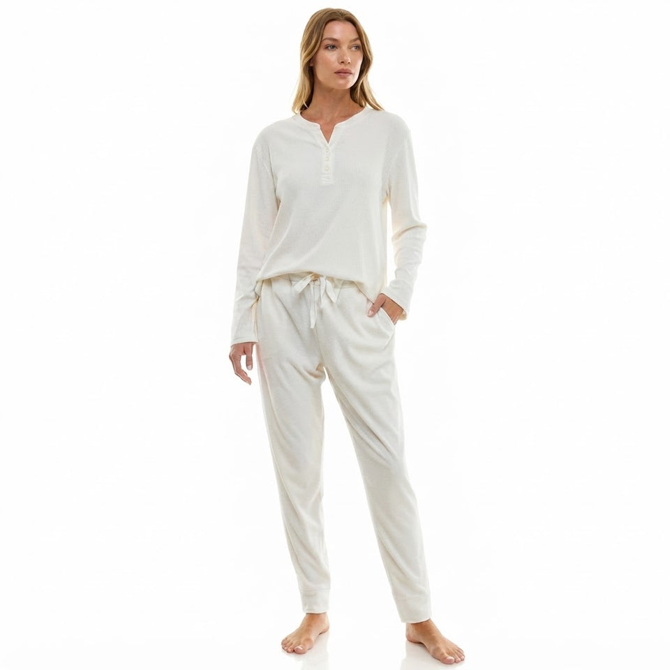 Roudelain Women's Cream Ribbed Long-Sleeves Pajama Set