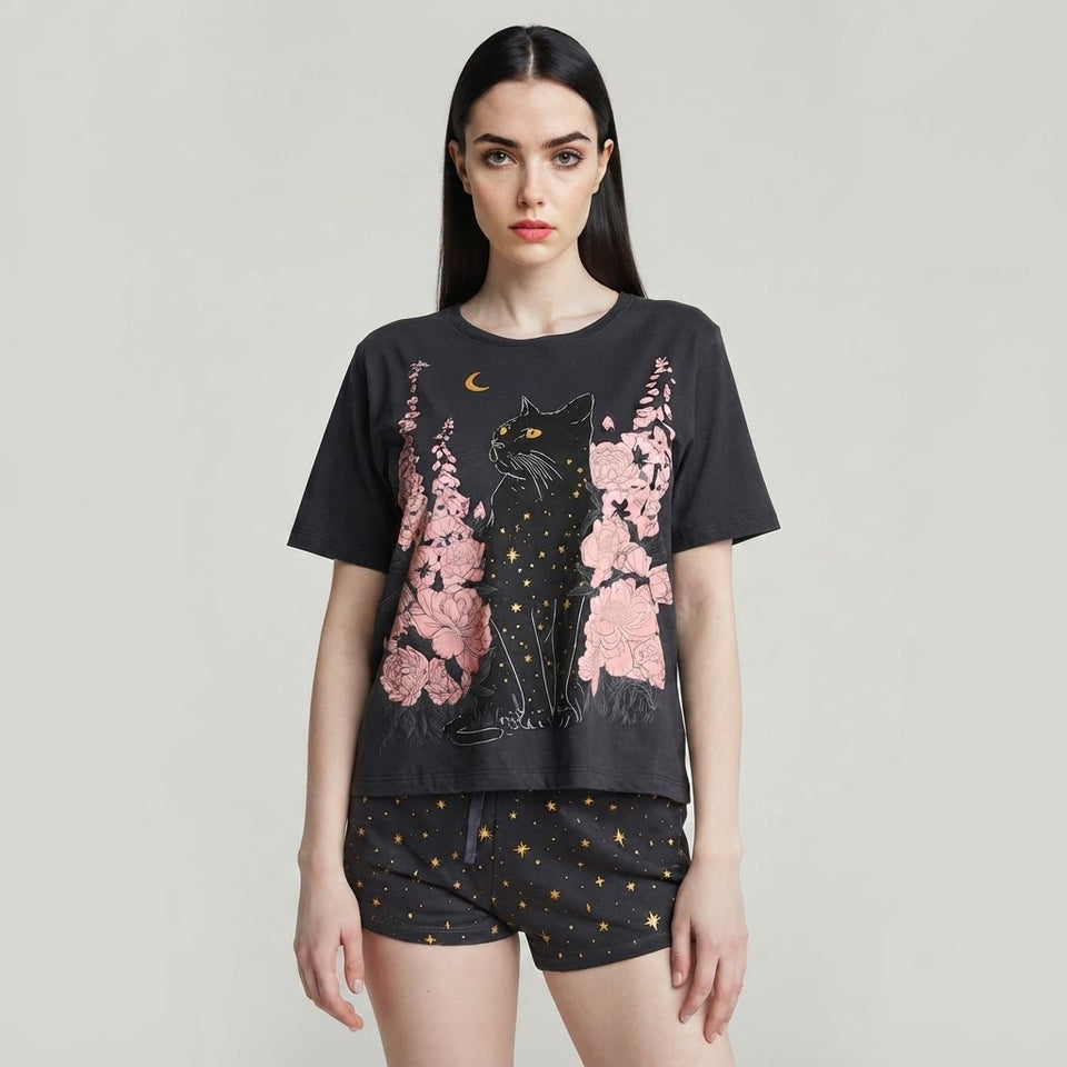Sinsay Women's Dark Grey Starry Cat Print Pajama Set